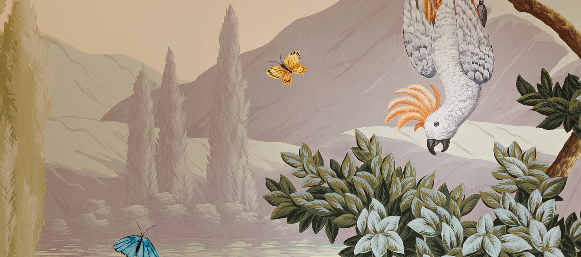 Background image with a tropical atmosphere. The painting shows various tropical plants on the left and a white cockatoo with orange crest feathers in the upper left area.