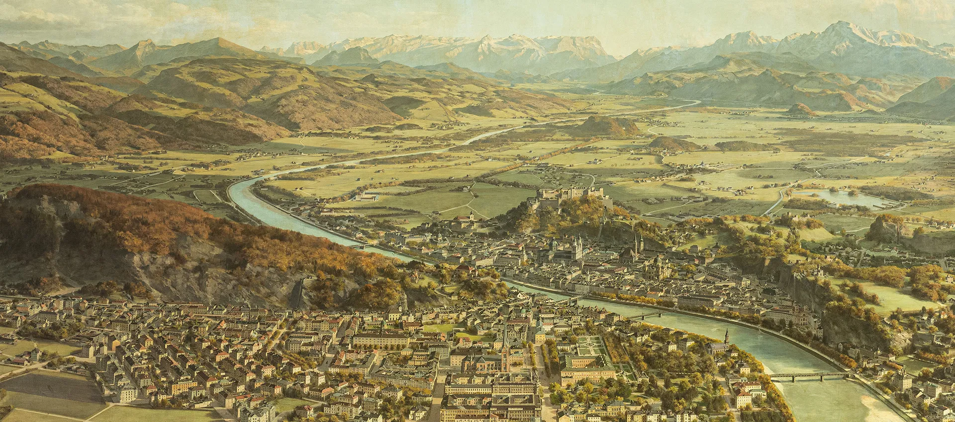 Old picture of medeval Salzburg center from above.