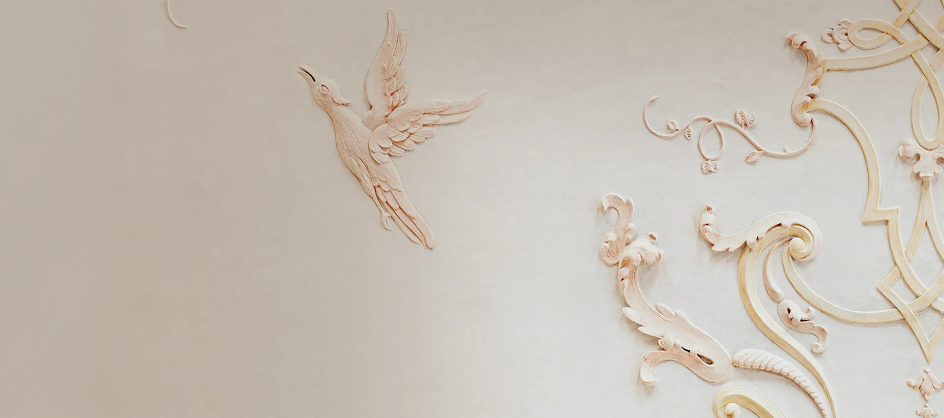 White ceiling facade with birds and ornaments, with a slightly pinkish tint.